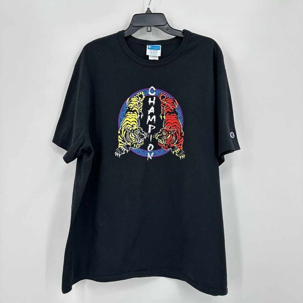 Champion Tshirt Mens 2XL Black Two Tiger Animal Print Streetwear Sneakerhead
